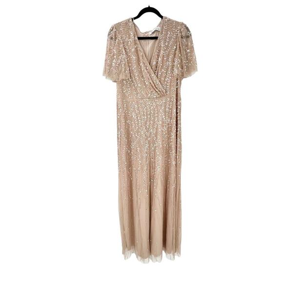 Mac Duggal Embellished Flutter Sleeve Wedding Guest Maxi Gown Nude Size 12 NWT - Picture 8 of 13